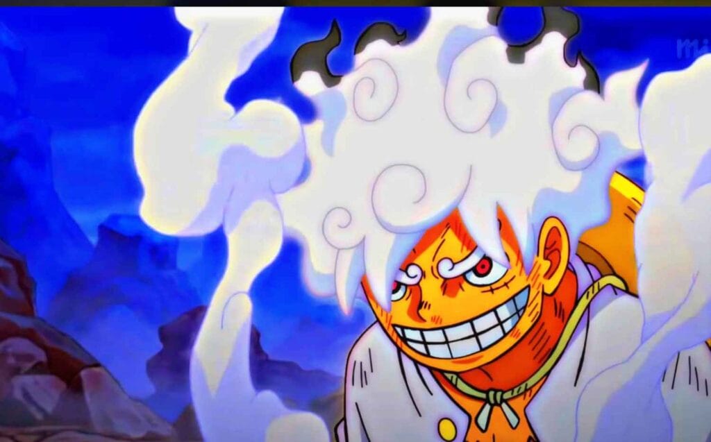 Luffy's gear 5 transformation from One Piece anime